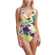 DKNY Printed Ruffled One Piece Swimsuit, Navy/Multi, 16
