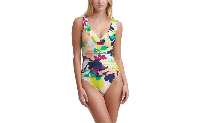  Printed Ruffled One Piece Swimsuit, Navy/Multi, 16