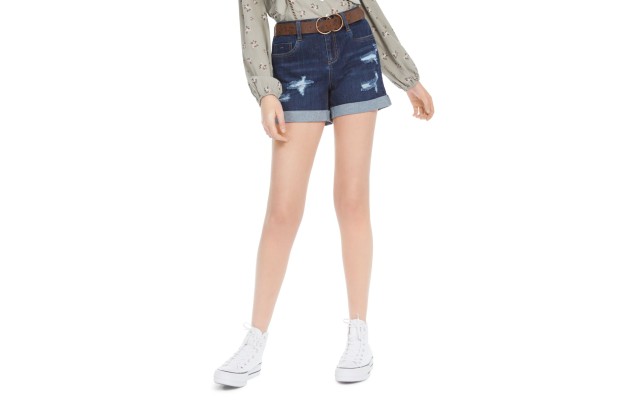  Juniors’ Belted Cuffed Denim Shorts, Blue,1
