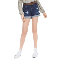 Dollhouse Juniors’ Belted Cuffed Denim Shorts,Blue,11