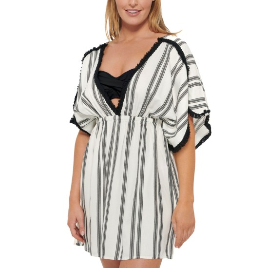  Newport Stripes Petal Sleeve Cover-Up Dress, Medium, White