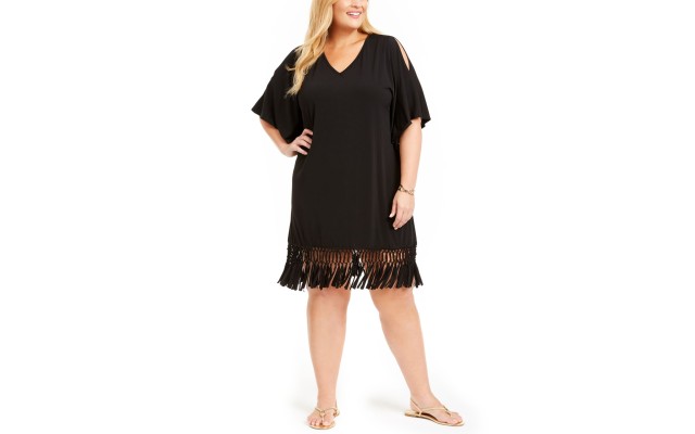  Plus Size Island Macrame Fringe Tunic Cover-Up, 1X, Black