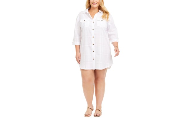  Plus Size Travel Muse Shirt Cover-Up Dress, 1X, White