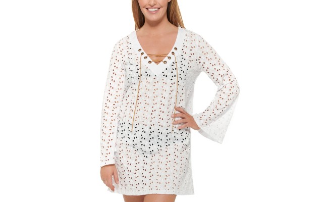  Poplar Skies Cotton Bell Sleeve Tunic Cover-Up, Large, White