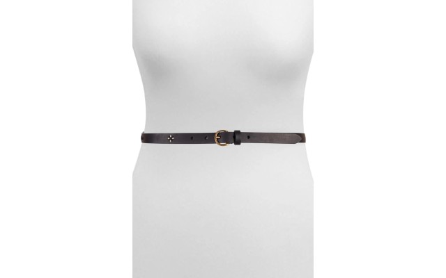  Women’s Embroidered 18MM Leather Skinny Belt, Black, M