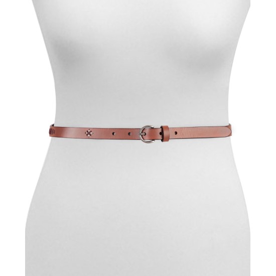  Women’s Embroidered 18MM Leather Skinny Belt, Brown, M