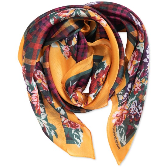  Plaid Floral Square Scarf, Yellow