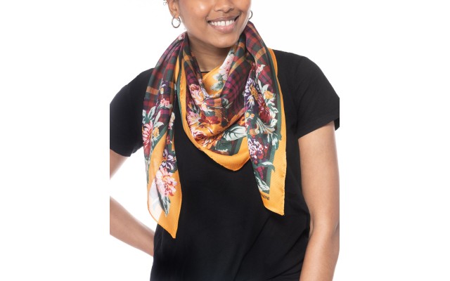  Plaid Floral Square Scarf, Yellow
