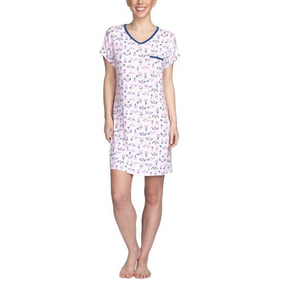  Womens V-Neck Short Sleeve Printed Sleepshirt Nightgown, Butterflies Medium