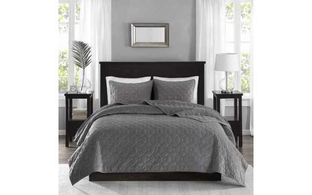 Home Essence Mercer Faux Velvet Reversible 3 Piece Coverlet Set, King/Cal King, Grey