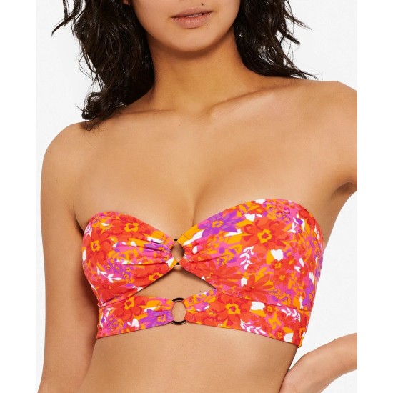  Juniors’ Bold Bouquet Printed Cutout Bikini Top, Orange/pink, Small