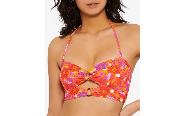  Juniors’ Bold Bouquet Printed Cutout Bikini Top, Orange/pink, Small