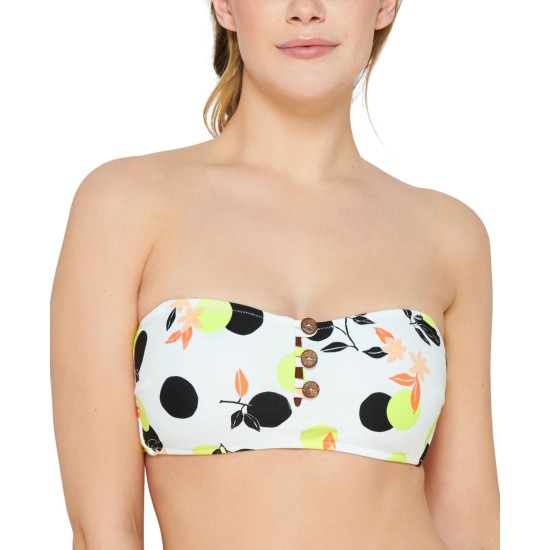  Juniors’ Citrus Geo-Printed Button Bandeau Bikini Top, White Multi, Large