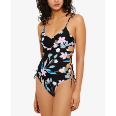 Hula Honey Juniors’ Flourishing Floral Lace-Up One-Piece Swimsuit, Black, Medium