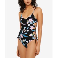 Hula Honey Juniors’ Flourishing Floral Lace-Up One-Piece Swimsuit, Black, S