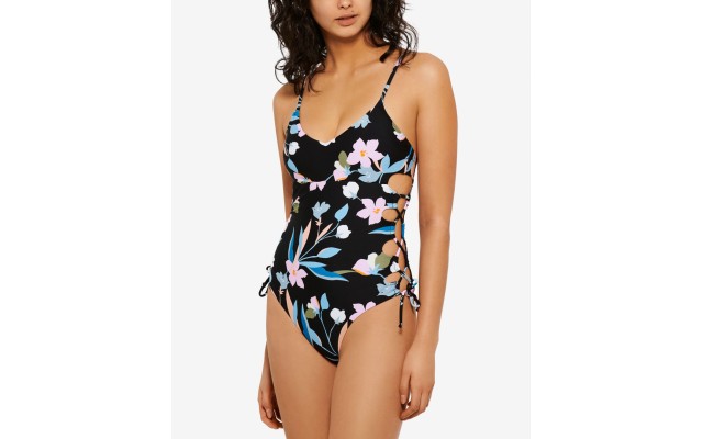 Juniors’ Flourishing Floral Lace-Up One-Piece Swimsuit, Black, S