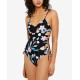  Juniors’ Flourishing Floral Lace-Up One-Piece Swimsuit, Black, S
