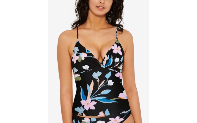  Juniors’ Flourishing Floral Tankini Top,Black Multi, Small