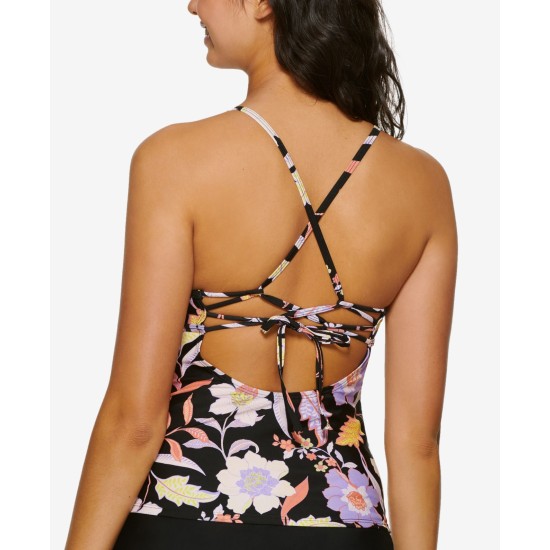  Juniors’ Luna Floral Strappy Bikini Tankini Top, Black, S