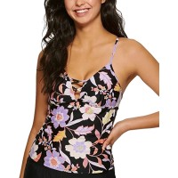 Hula Honey Juniors’ Luna Floral Strappy Bikini Tankini Top, Black, L