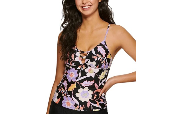  Juniors’ Luna Floral Strappy Bikini Tankini Top, Black, L