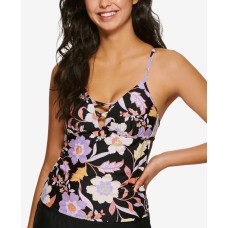 Hula Honey Juniors’ Luna Floral Strappy Bikini Tankini Top, Black, M