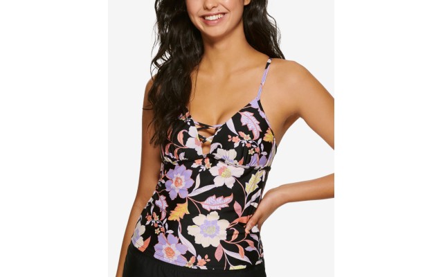  Juniors’ Luna Floral Strappy Bikini Tankini Top, Black, M