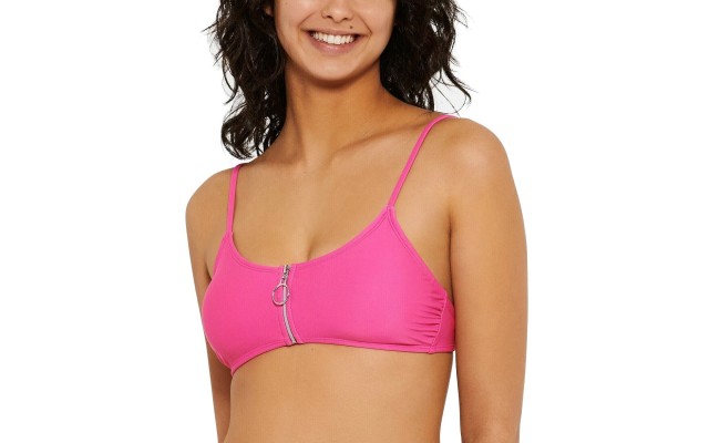  Juniors’ Solid Zipper Bralette Bikini Top, Pink, Medium
