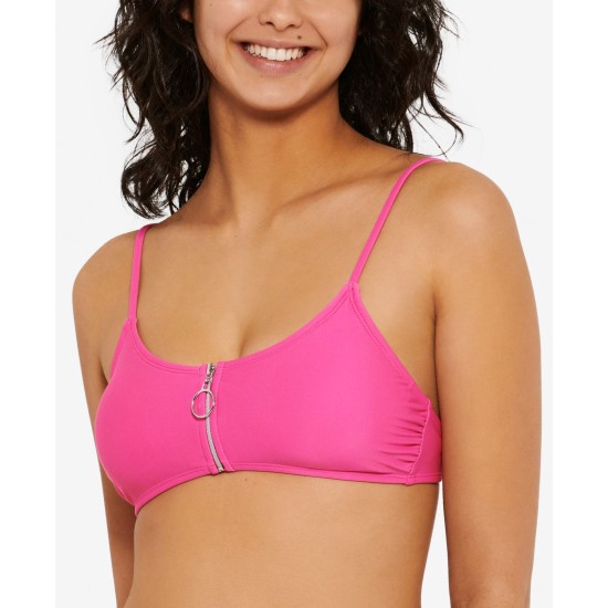  Juniors’ Solid Zipper Bralette Bikini Top, Pink, Small