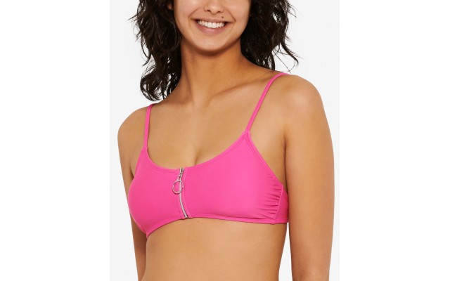  Juniors’ Solid Zipper Bralette Bikini Top, Pink, Small