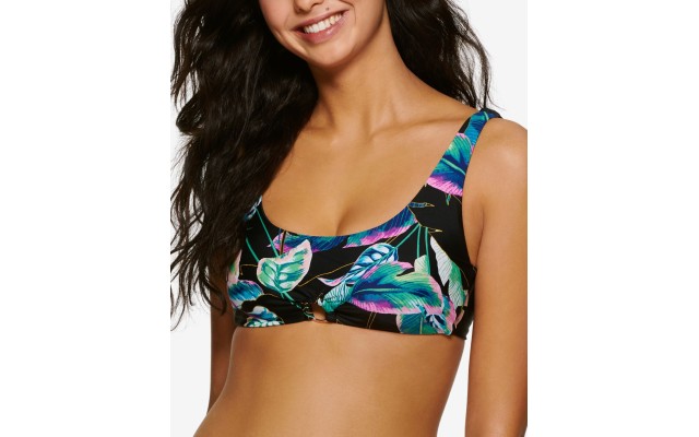  Juniors’ Twisted Palms Ring-Front Bralette Bikini Top, Medium, Multicolor