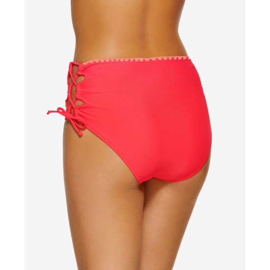  Juniors’ Zig-Zag Zinc Cheeky High-Waist Bikini Bottom, Red, X-Small