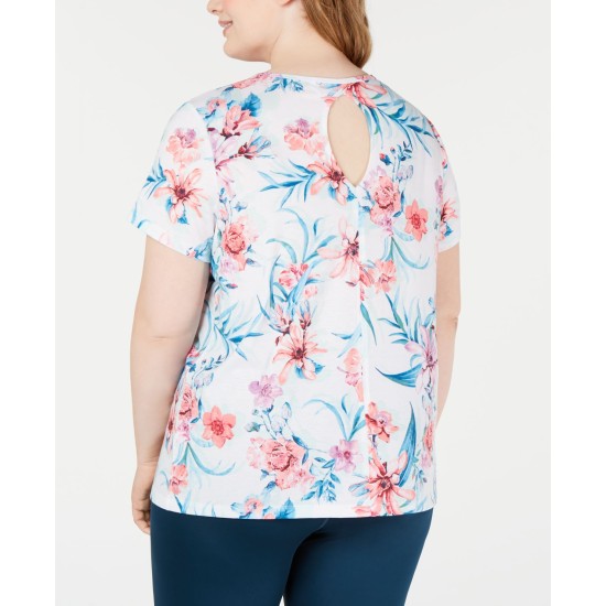  Floral-Printed Keyhole-Back T-Shirt
