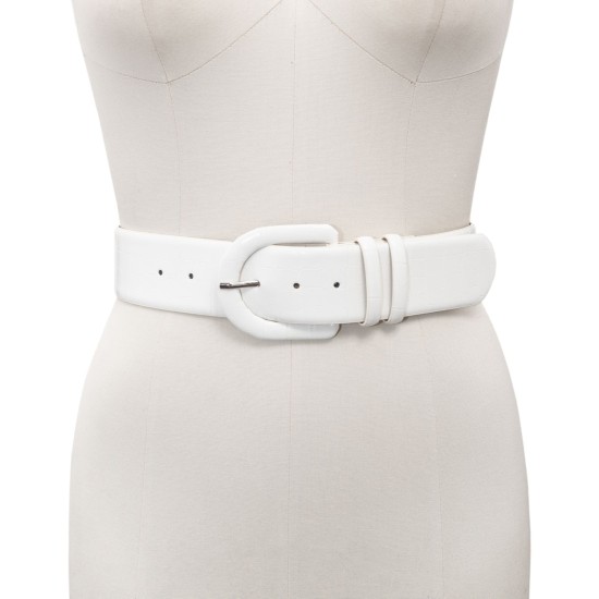  Croc-Embossed Stretch Belt With Covered Buckle, White, L/XL