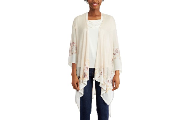  Floral Border Knit Ruana, Brown