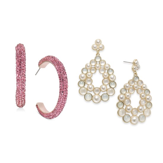  International Concepts Rose Gold-Tone Medium Rhinestone-Wrapped C-Hoop & Imitation Pearl Cluster Drop Earrings – 2 Pack