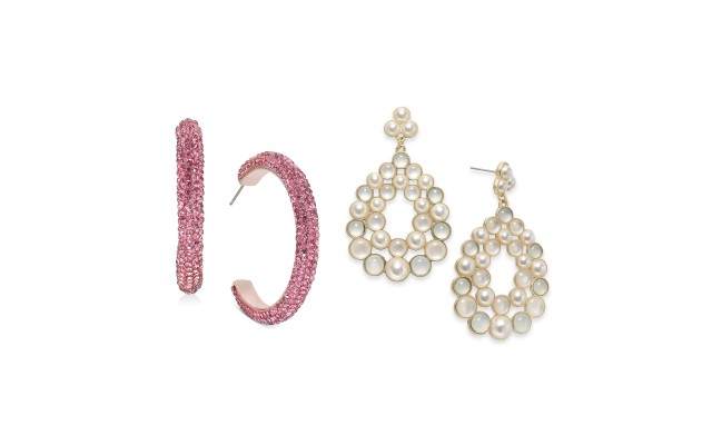  International Concepts Rose Gold-Tone Medium Rhinestone-Wrapped C-Hoop & Imitation Pearl Cluster Drop Earrings – 2 Pack