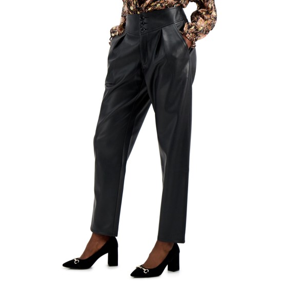 Inc Women’s Dress Pants Faux Leather Pleat Front Cropped, Black 8X30