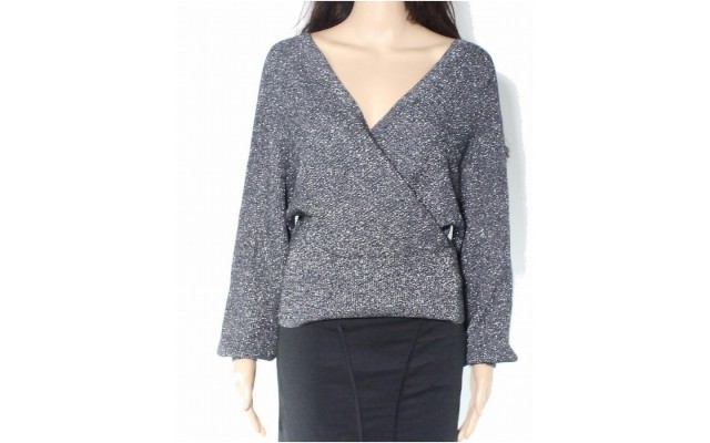 Inc Women’s Sweater Pullover Metallic Surplice, Black L