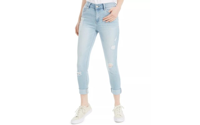  Juniors’ Ripped Roll-Cuff Skinny Jeans, Blue, Size 0