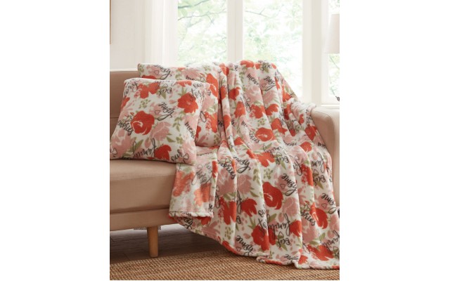 Home 3 PC Family Story Decorative Pillows and Throw Set, Pink