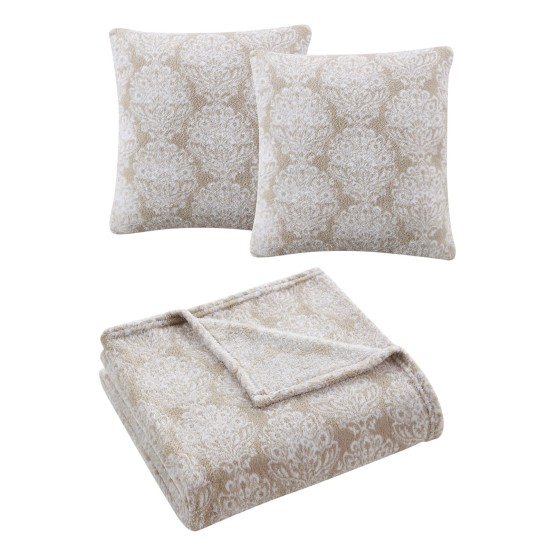 Home 3 PC Yasmina Rainy Day Decorative Pillows and Throw Set, Beige