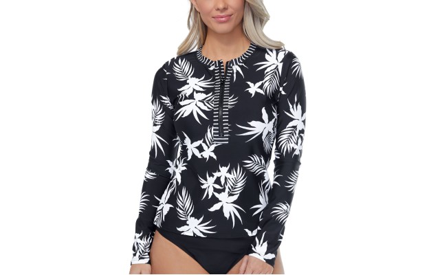  Hawaii Gardens Printed Rash Guard, Black, Small