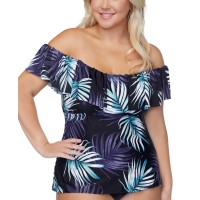 Island Escape Plus Size La Flor Tankini, Black/Blue, 20W