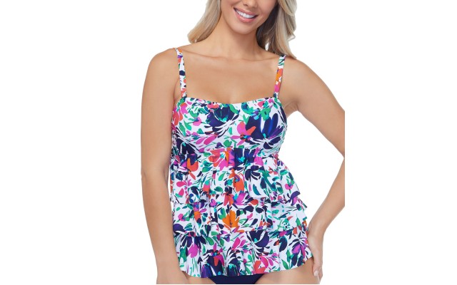  Sunny Days Printed Tiered Tankini Top, 8, White