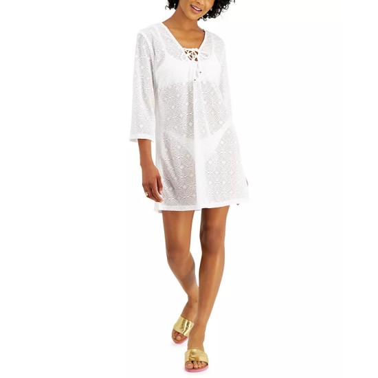  Lace-up Tunic Cover-up, White, Large