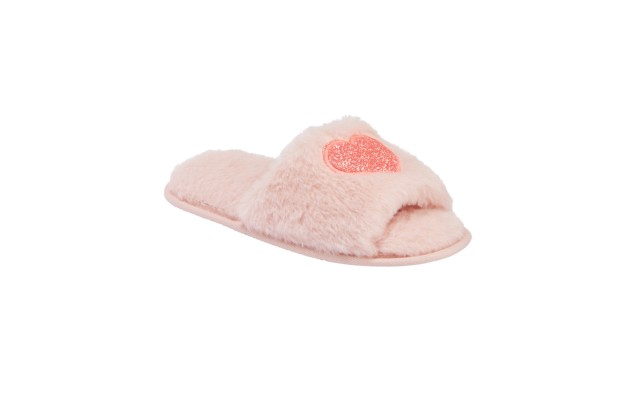  Women’s Faux-Fur Glitter Heart Slippers- (7,8)