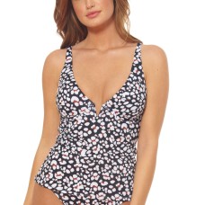 Jessica Simpson Cool Cat Printed V-Wire Tankini Top, Medium, Black/White