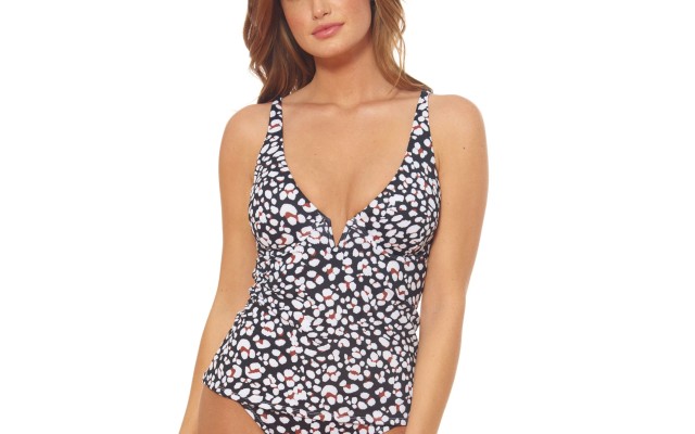  Cool Cat Printed V-Wire Tankini Top, Medium, Black/White