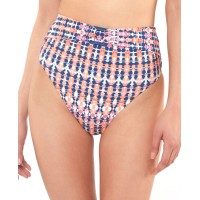 Jessica Simpson Laguna Beach High-Waist Belted Bikini Bottoms,Blue/Pink X-Large